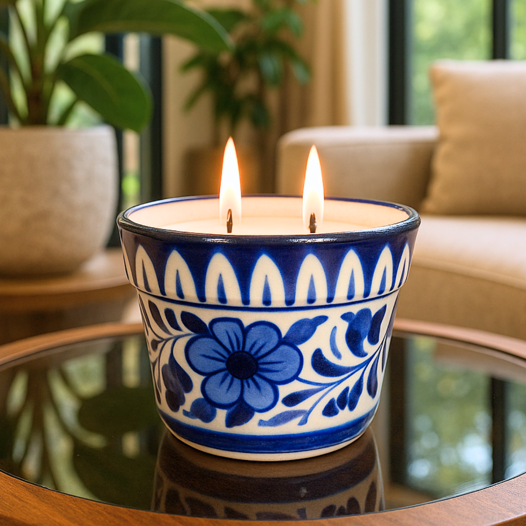 Sohni (Marigold & Champa) - Dastaan Series Candle in Blue Multani Pottery